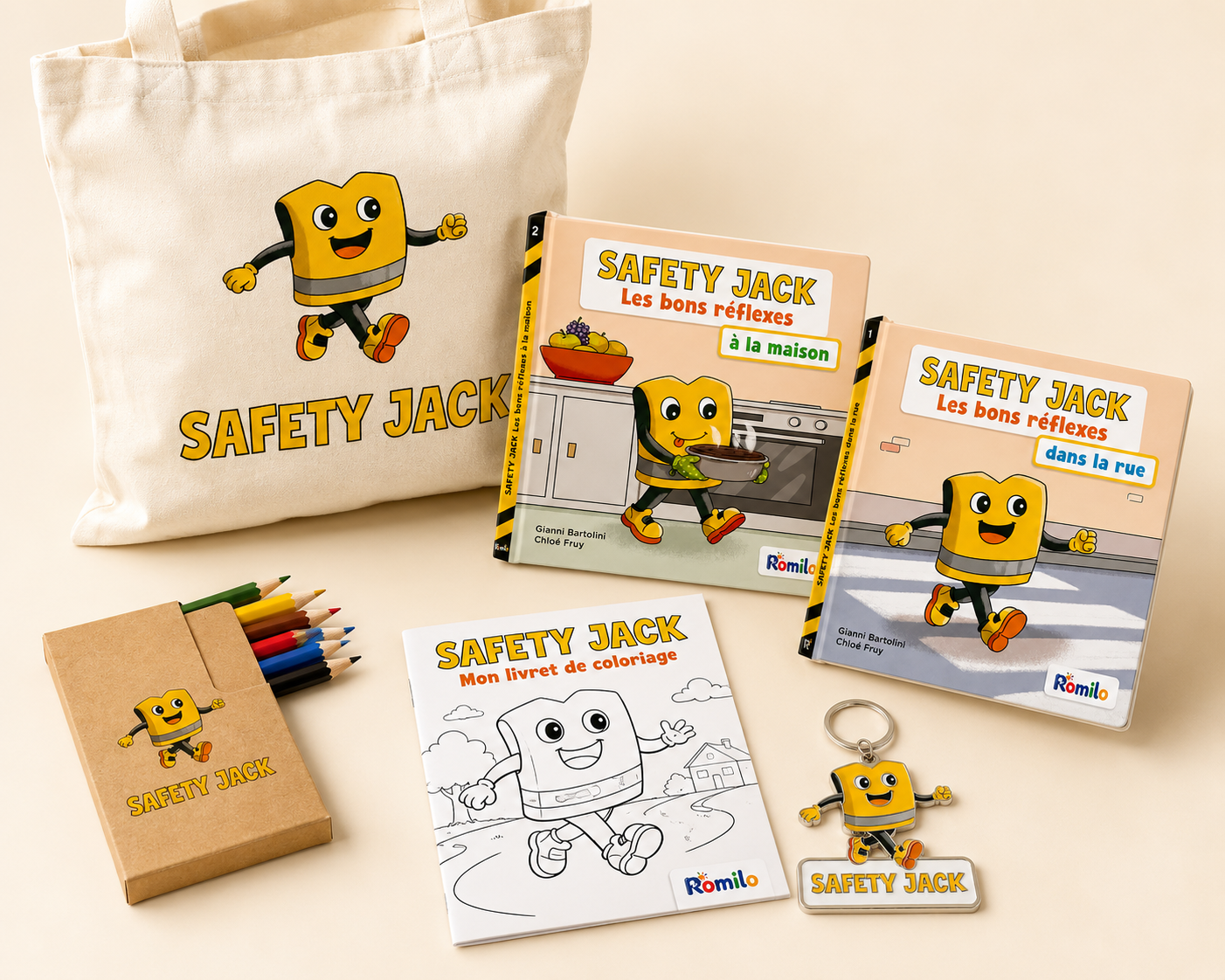 Le Pack Prévention Safety Jack : tote bag, albums, livret de coloriage, crayons de couleur et porte-clés