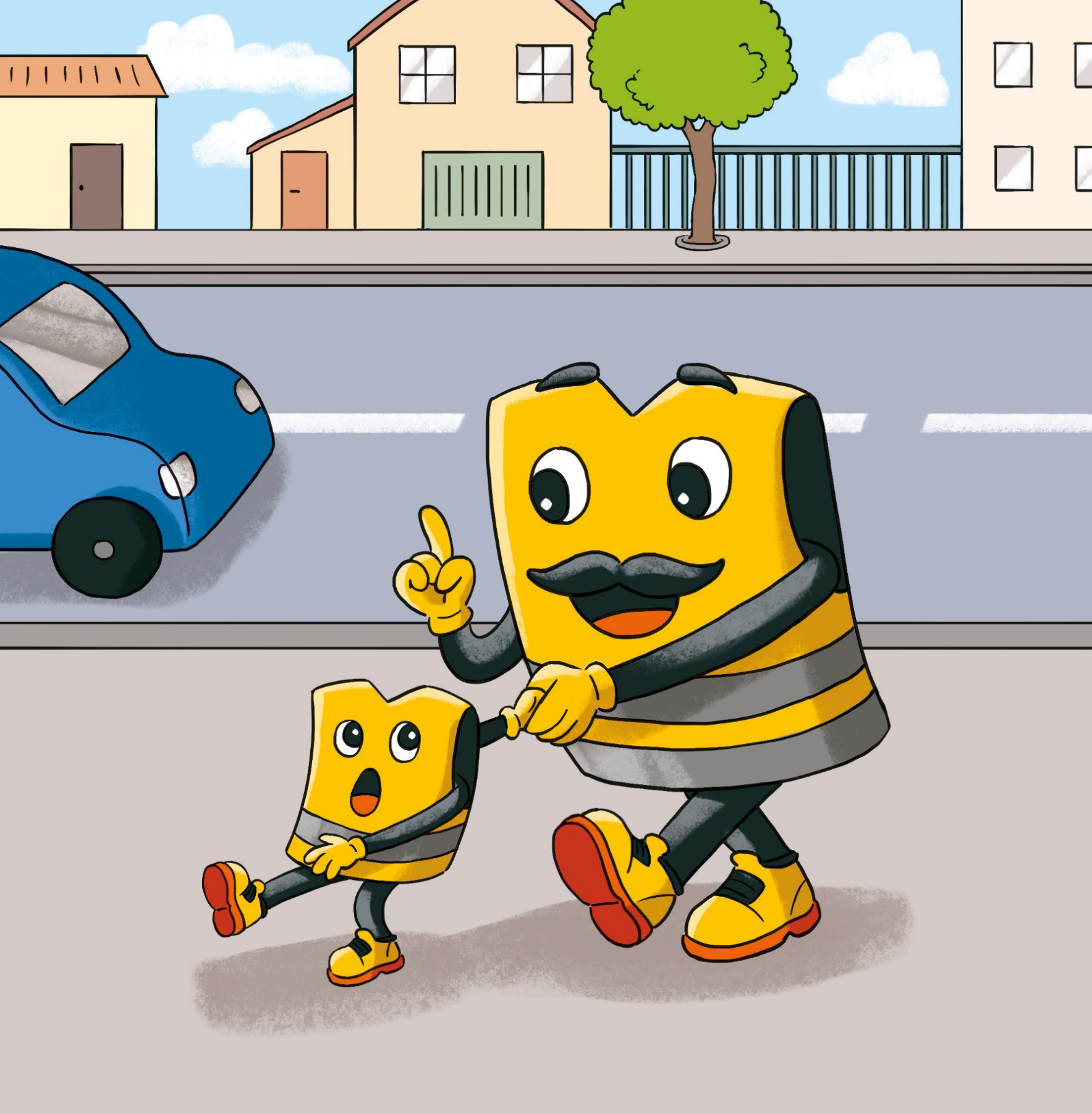 Papa Jack tient la main de bébé Jack sur le trottoir, une voiture passe dans la rue