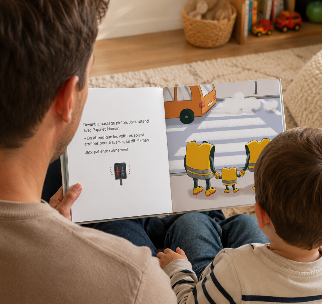 Un papa lit un livre Safety Jack à son enfant