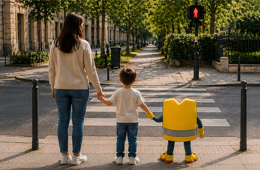 Un parent, un enfant et Safety Jack au passage piéton