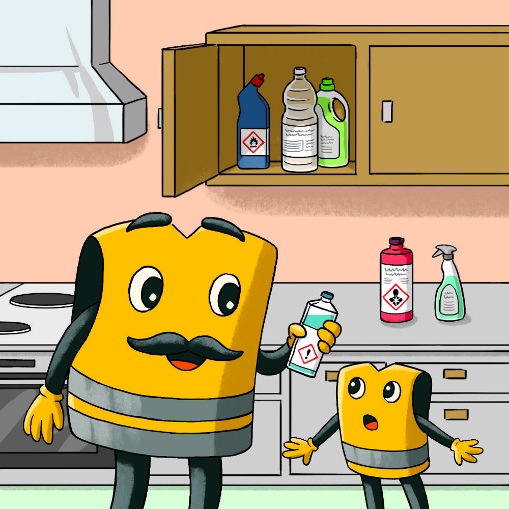 Papa Jack montre un produit d'entretien à bébé Jack dans la cuisine